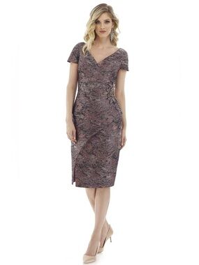 Feriani Couture 20103 Dusty Mauve Floral Jacquard V-Neck Midi Dress | Size 14